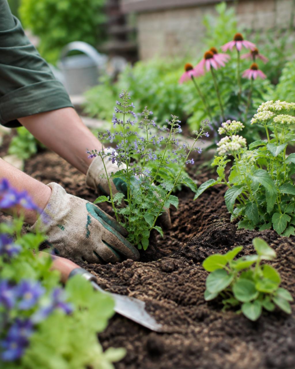 Gardener planting perennials into a fresh border